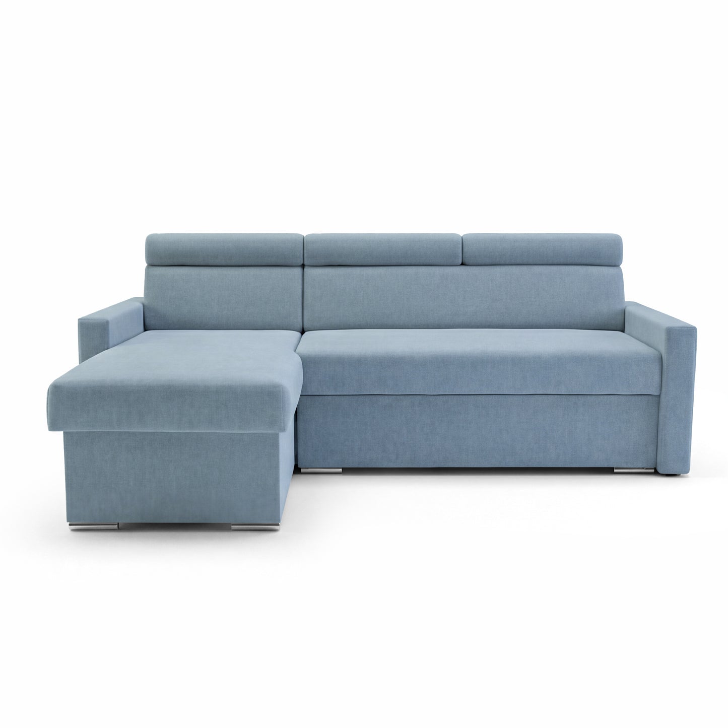 Ecksofa Vega L mit Schlaffunktion & Bettkasten – Samtstoff Best Himmelblau – Zero-Wall Design Wandbündig – L-Form Sofa Freistehend Himmelblau