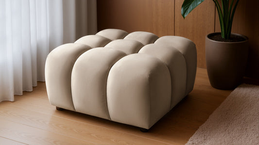 Design Sitzpouf Tondo 96x96 cm – Luxushocker Samt Bluvel 28 Dunkelbeige – Moderner Bubble-Look – Premium Polsterhocker mit HR-Schaum