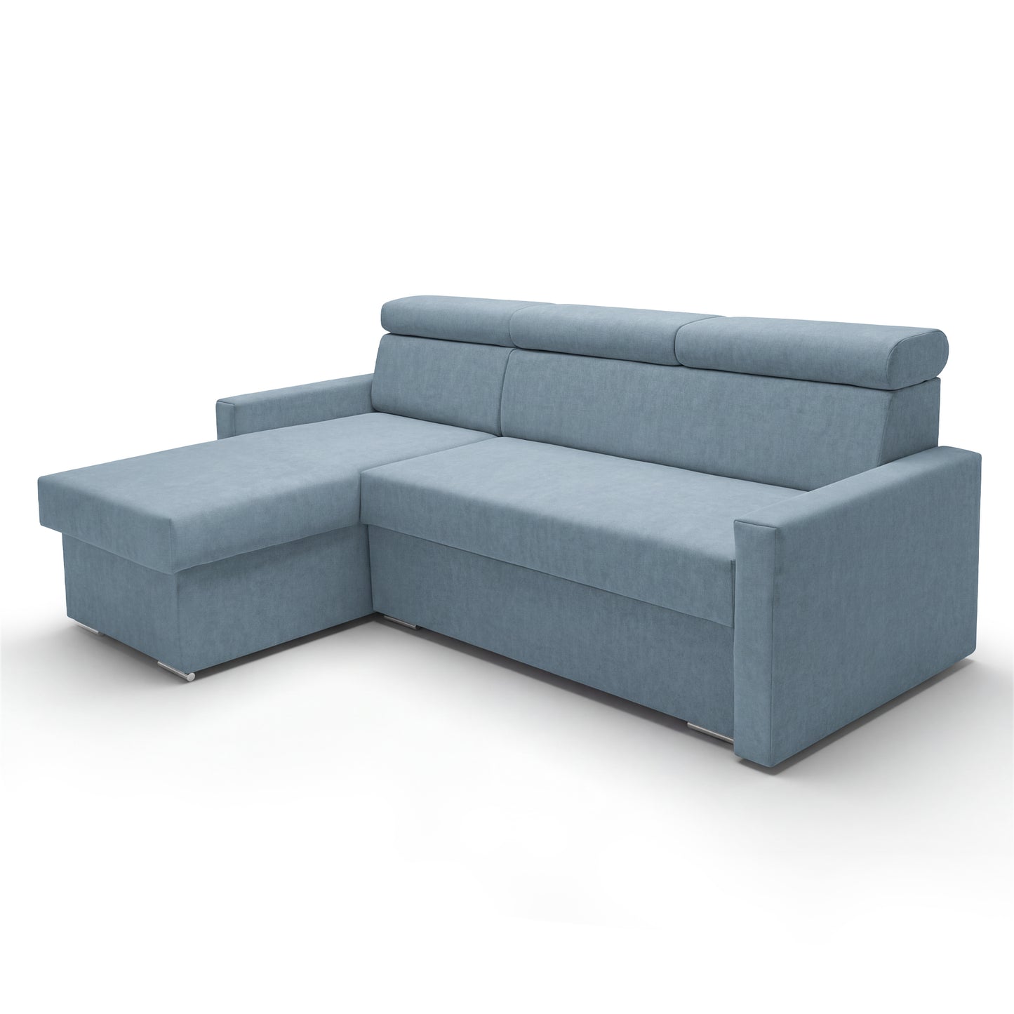 Ecksofa Vega L mit Schlaffunktion & Bettkasten – Samtstoff Best Himmelblau – Zero-Wall Design Wandbündig – L-Form Sofa Freistehend Himmelblau