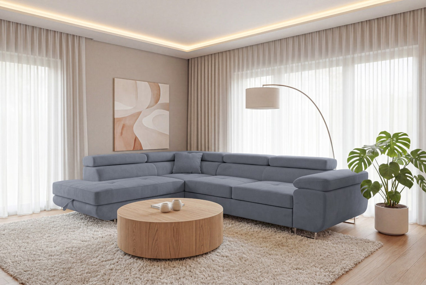 Ecksofa Luca L-Form Grau Stoff Element 23 Linke Ottomane mit Schlaffunktion & Bettkasten