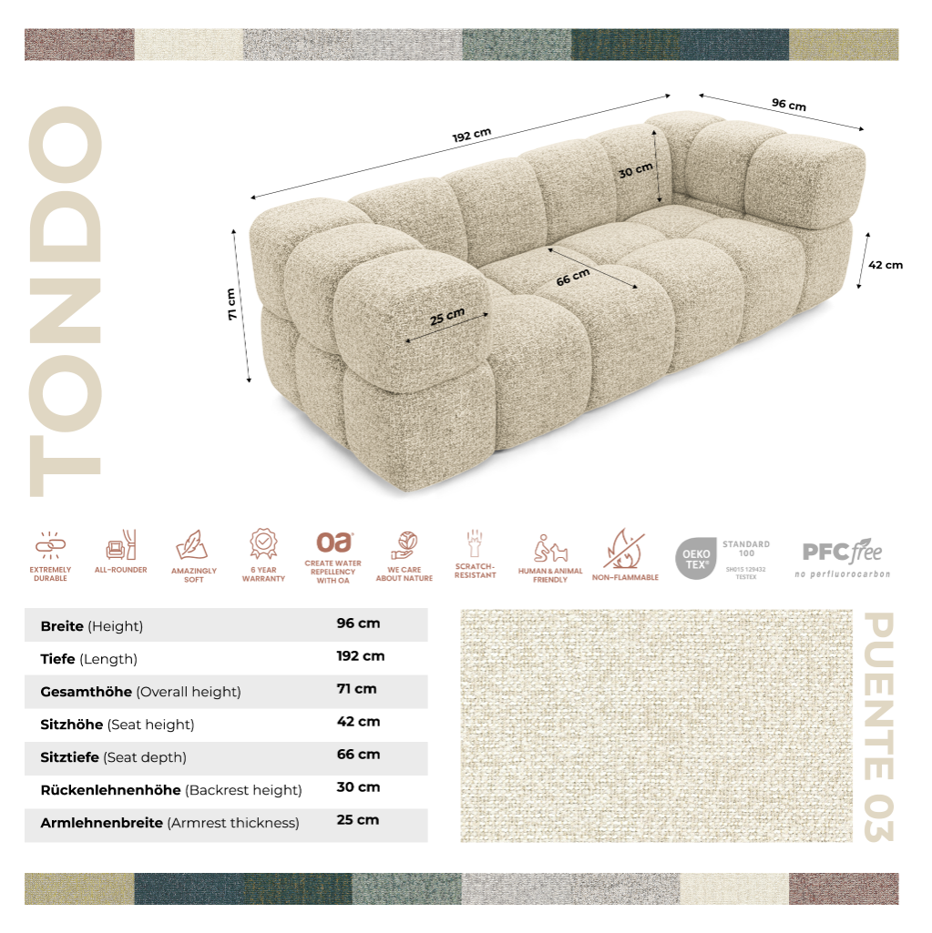 Design-Sofa 3-Sitzer TONDO PUENTE 03 – Strukturstoff in Bouclé-Optik – Wellenförmiges Design – Cremefarben