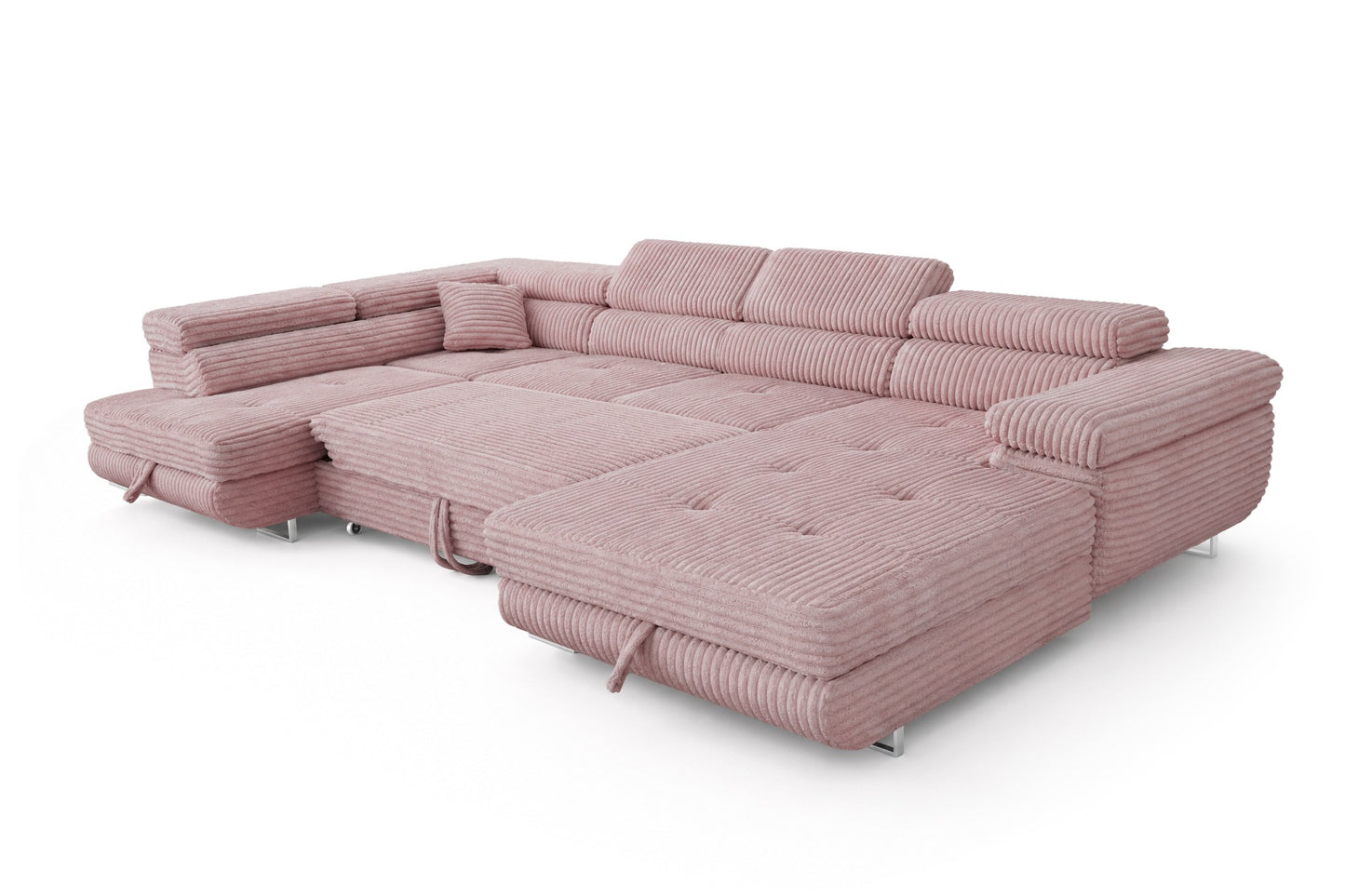 Wohnlandschaft Cordo U XXL U-Form Sofa mit Schlaffunktion & 2 Bettkästen – Breitcord Tilia Altrosa– Ottomane Links