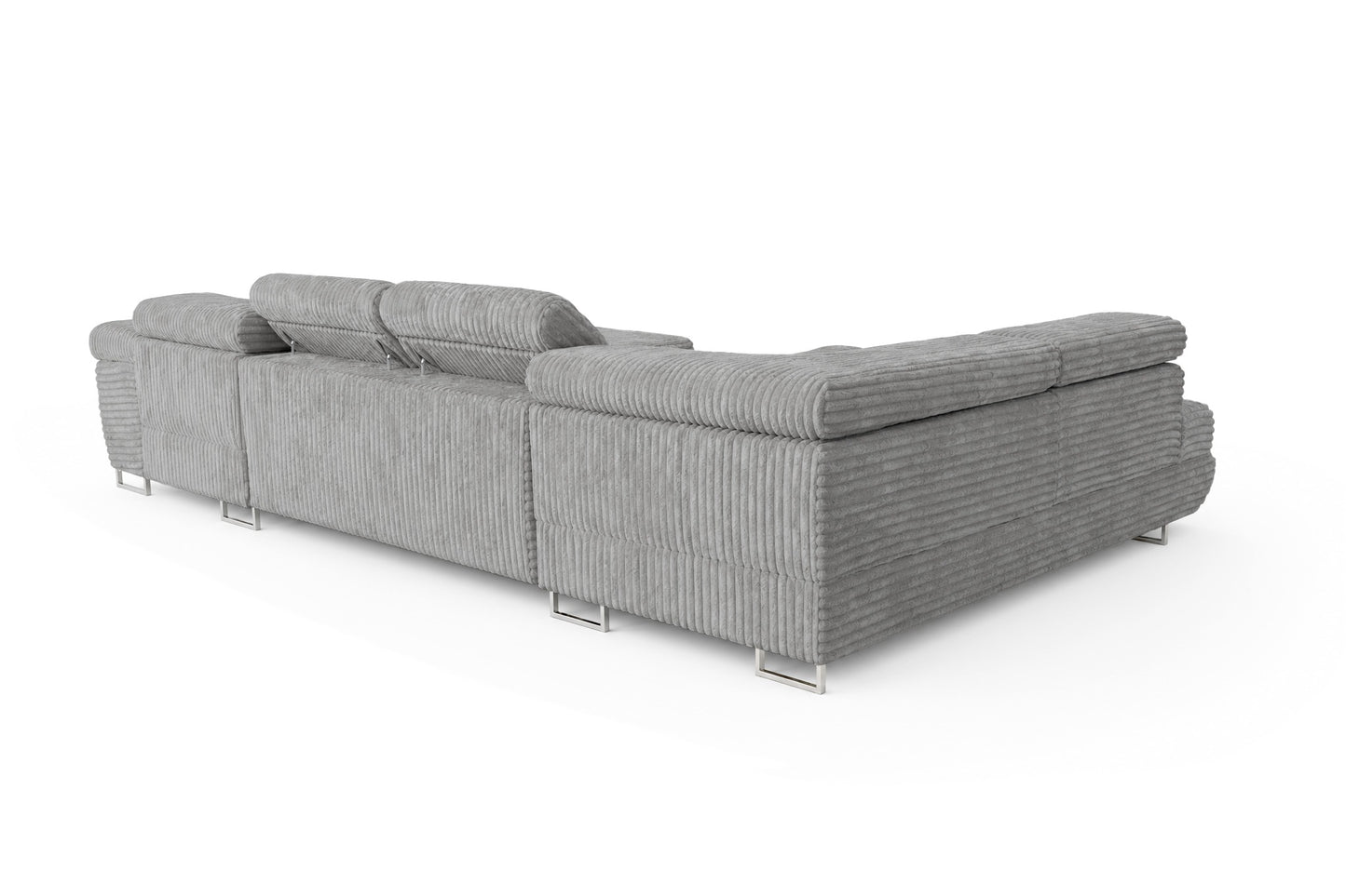 Wohnlandschaft Cordo U XXL U-Form Sofa mit Schlaffunktion & 2 Bettkästen – Breitcord Tilia Hellgrau – Ottomane Links