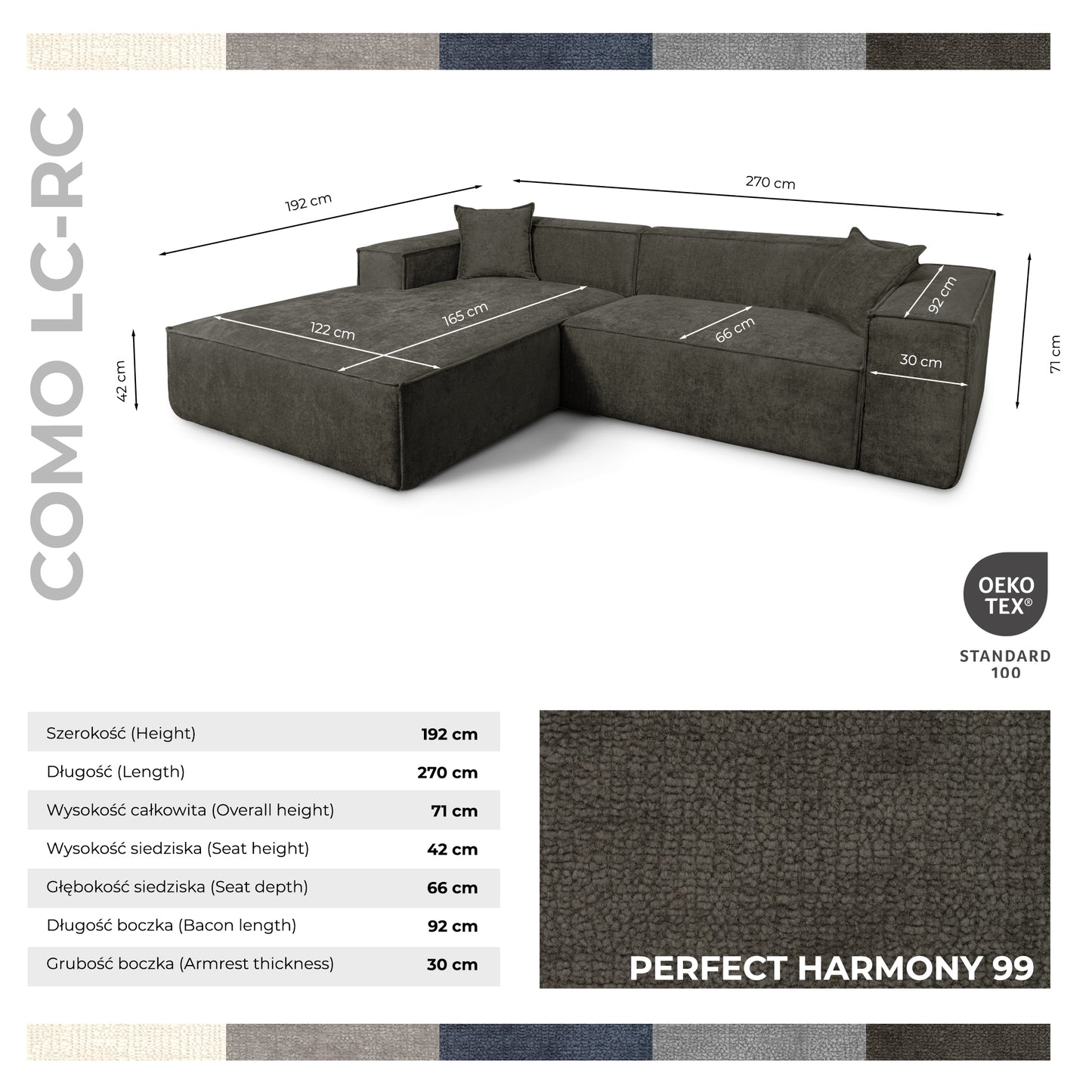 Design Ecksofa Como LC/RC 192x270 cm – Luxus Lounge L-Form Perfect Harmony 99 Graphit – Strukturstoff Modern & Robust