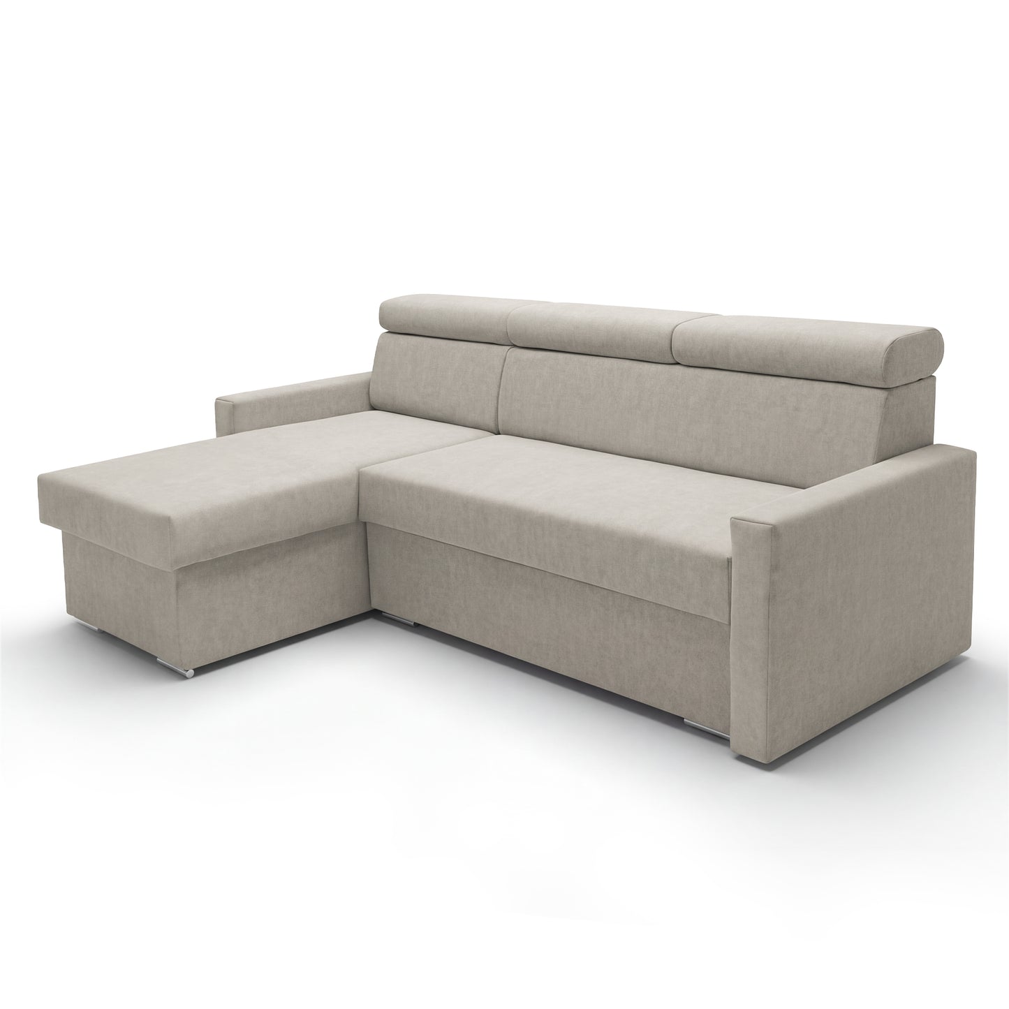 Ecksofa Vega L mit Schlaffunktion & Bettkasten – Samtstoff Best Hellbeige – Zero-Wall Design Wandbündig – L-Form Sofa Freistehend