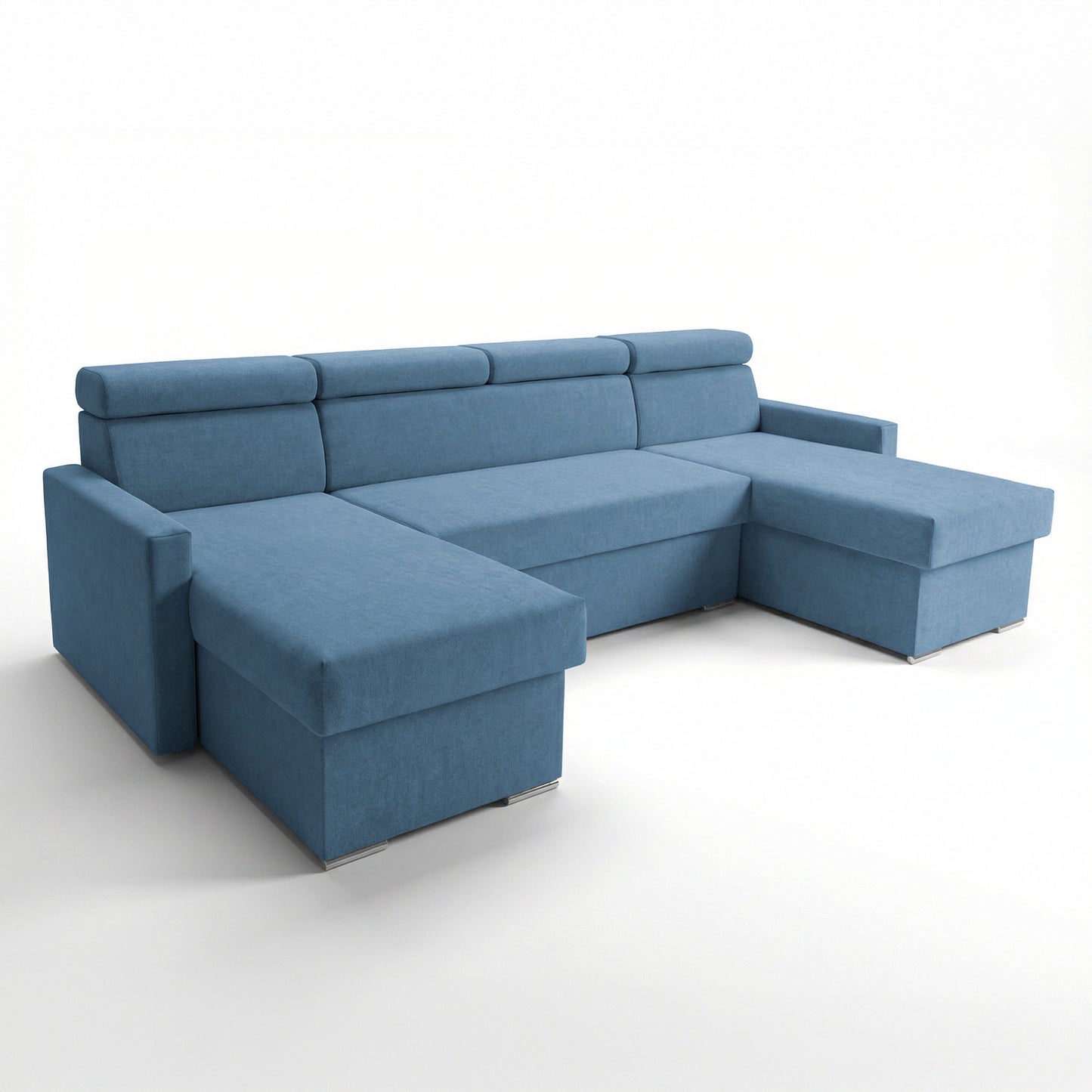 Vega U Ecksofa nach Maß | Breite anpassbar | Schlaffunktion 2 Bettkasten U-Form verstellbare Kopfstützen Samt-Stoff Best 305x151 cm (Blau)
