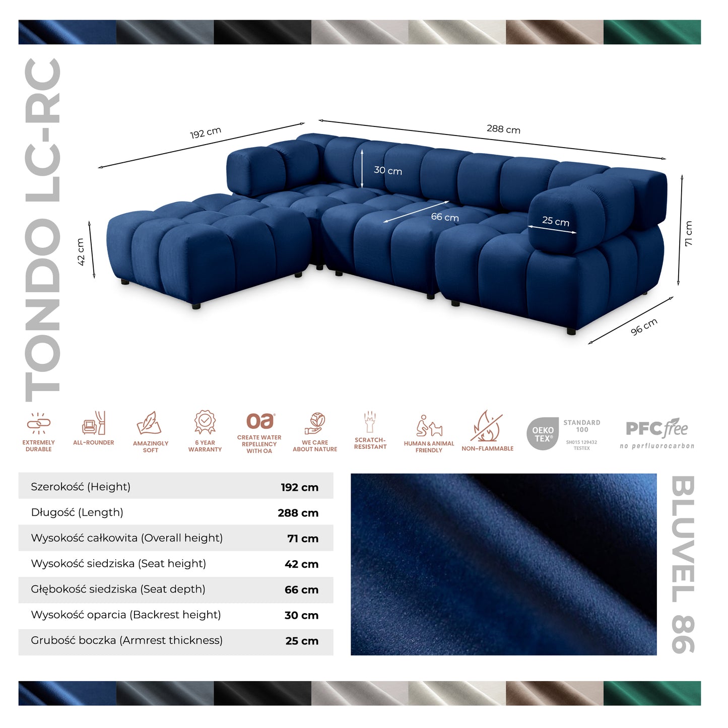 Ecksofa TONDO LC/RC 192x288cm Bluvel 86 Dunkelblau