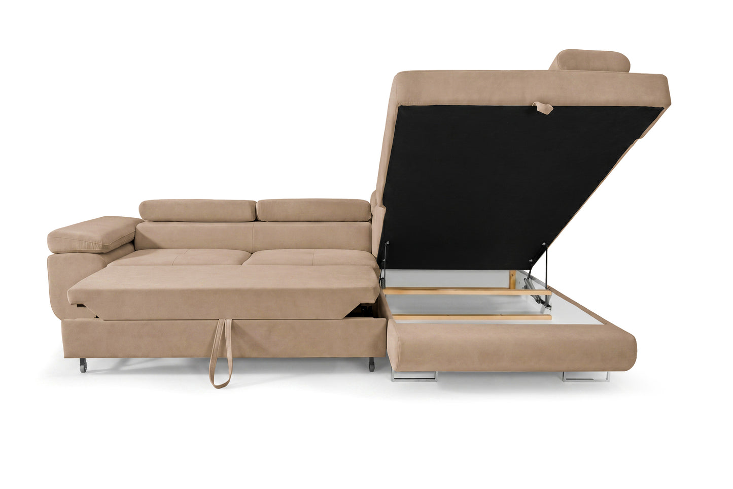 Ecksofa Luca L-Form Beige Stoff Element 06 Rechte Ottomane mit Schlaffunktion & Bettkasten