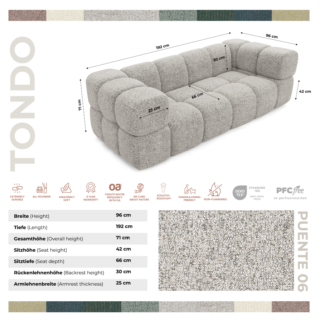 Designer-Sofa 3-Sitzer TONDO PUENTE 06 – Strukturstoff in Bouclé-Optik – Wellenförmiges Design – Beige