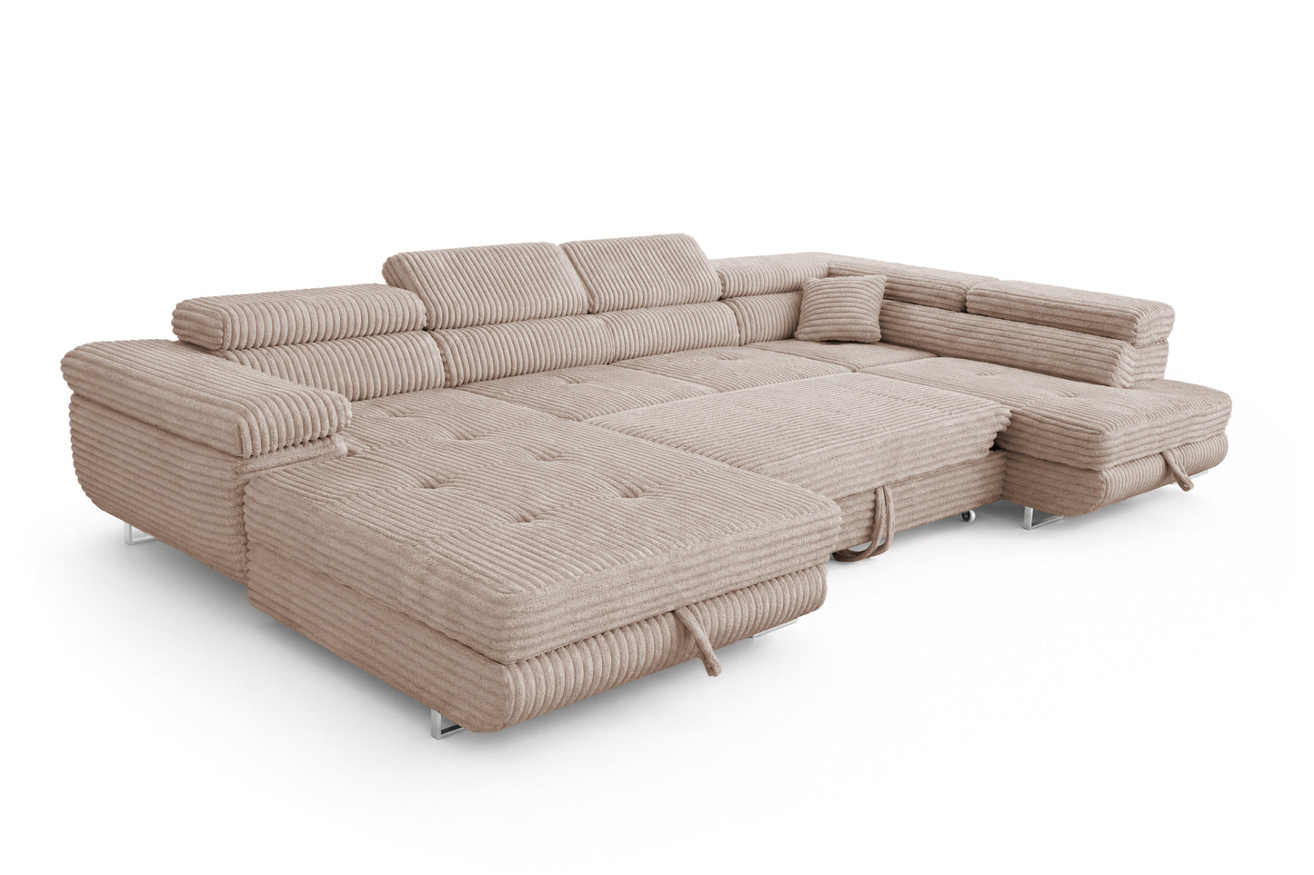Wohnlandschaft Cordo U XXL U-Form Sofa mit Schlaffunktion & 2 Bettkästen – Breitcord Tilia Beige– Ottomane Rechts
