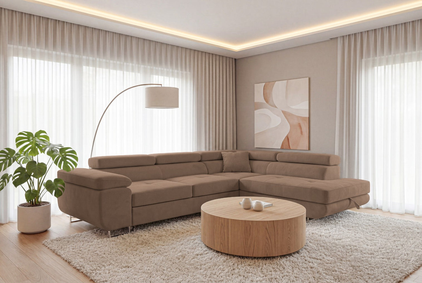 Ecksofa Luca L-Form Braun Stoff Element 05 Ottomane rechts mit Schlaffunktion & Bettkasten