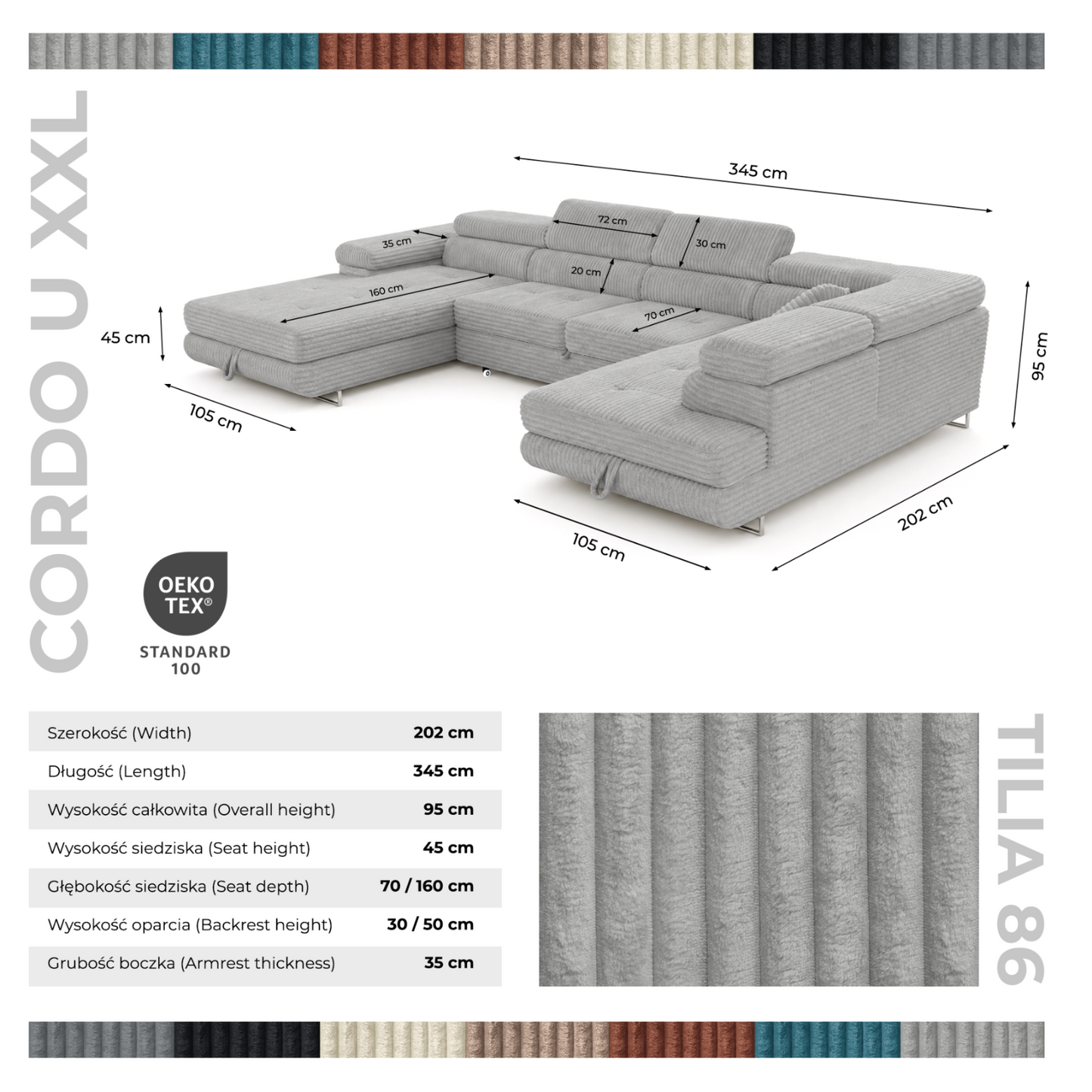 Wohnlandschaft Cordo U XXL U-Form Sofa mit Schlaffunktion & 2 Bettkästen – Breitcord Tilia Hellgrau – Ottomane Rechts