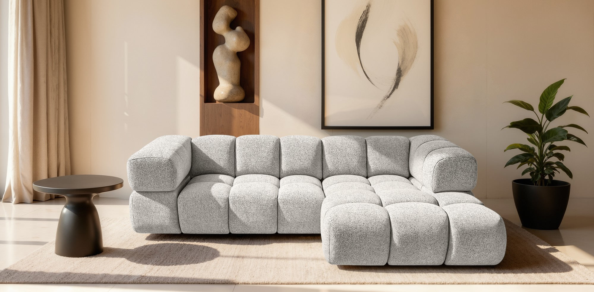 Ecksofa AVERRO 280x150 cm Puente 09 Beige-Grau Ottomane RECHTS – Modernes Bubble-Sofa mit weichem Chenille-Strukturstoff