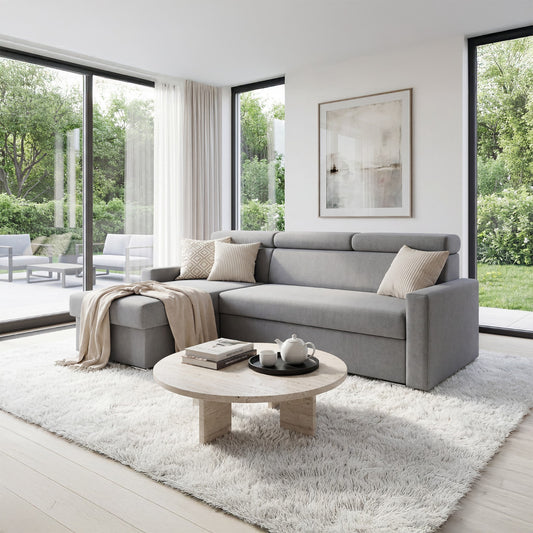 Ecksofa Vega L mit Schlaffunktion & Bettkasten – Samtstoff Best Stahlfarbe – Zero-Wall Design Wandbündig – L-Form Sofa Freistehend