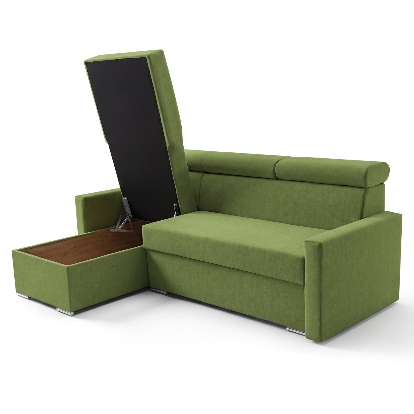 Ecksofa Vega L mit Schlaffunktion & Bettkasten – Samtstoff Best Grün– Zero-Wall Design Wandbündig – L-Form Sofa Freistehend