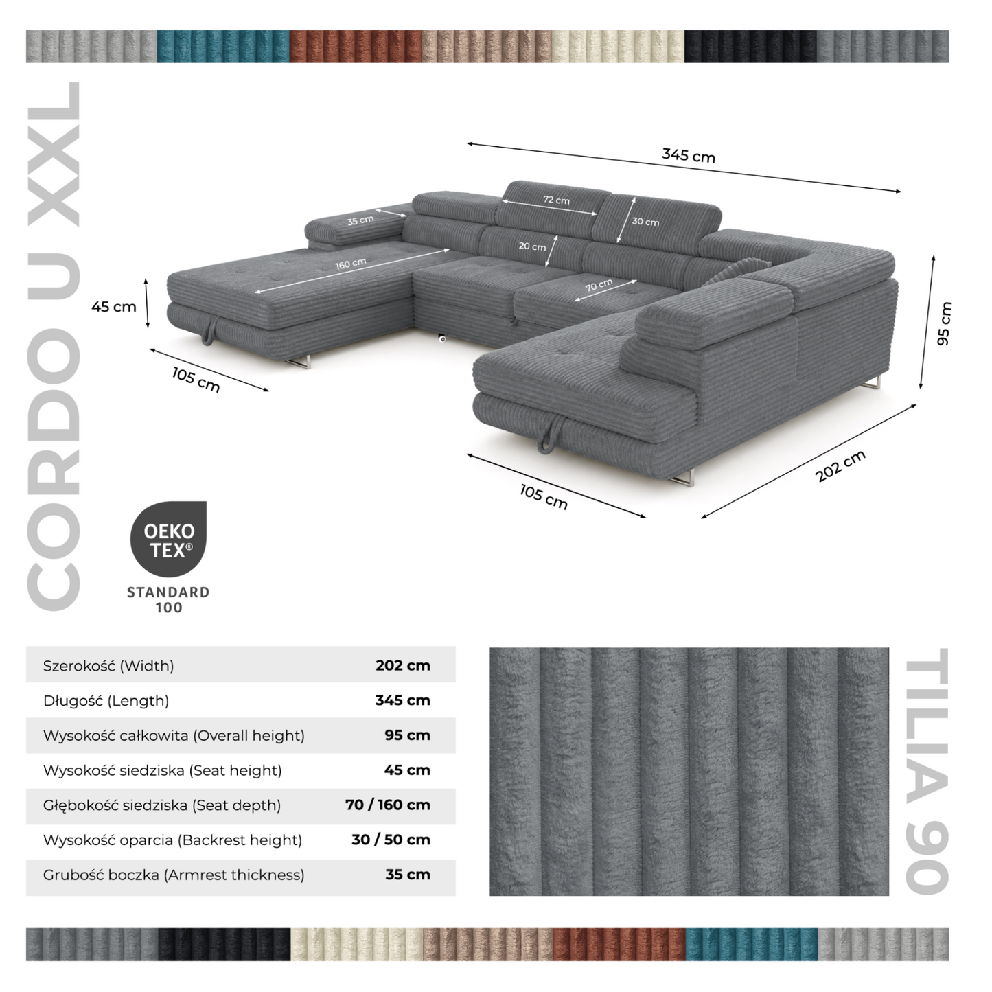 Wohnlandschaft Cordo U XXL U-Form Sofa mit Schlaffunktion & 2 Bettkästen – Breitcord Tilia Grau – Ottomane Rechts