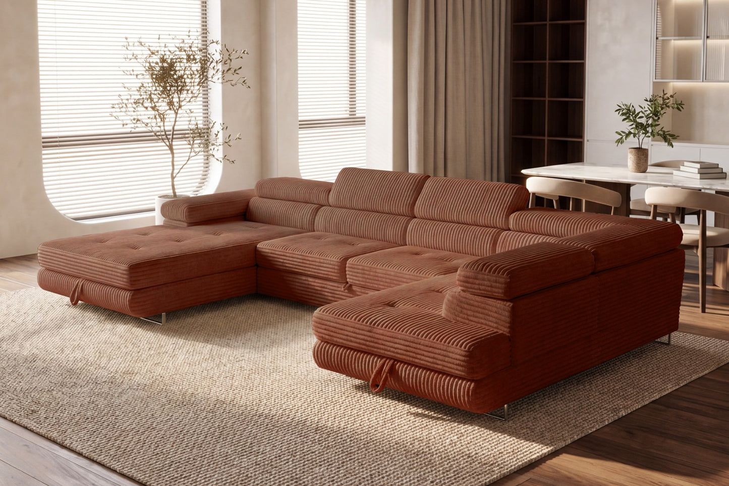 Wohnlandschaft Cordo U XXL U-Form Sofa mit Schlaffunktion & 2 Bettkästen – Breitcord Tilia Terrakotta – Ottomane rechts