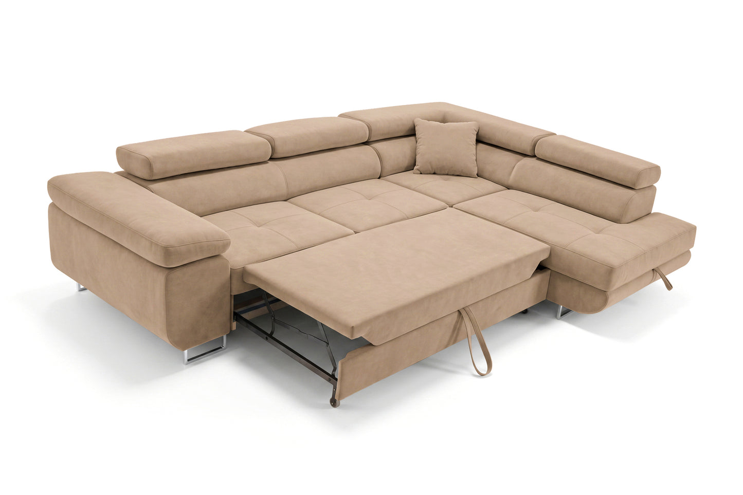 Ecksofa Luca L-Form Beige Stoff Element 06 Rechte Ottomane mit Schlaffunktion & Bettkasten
