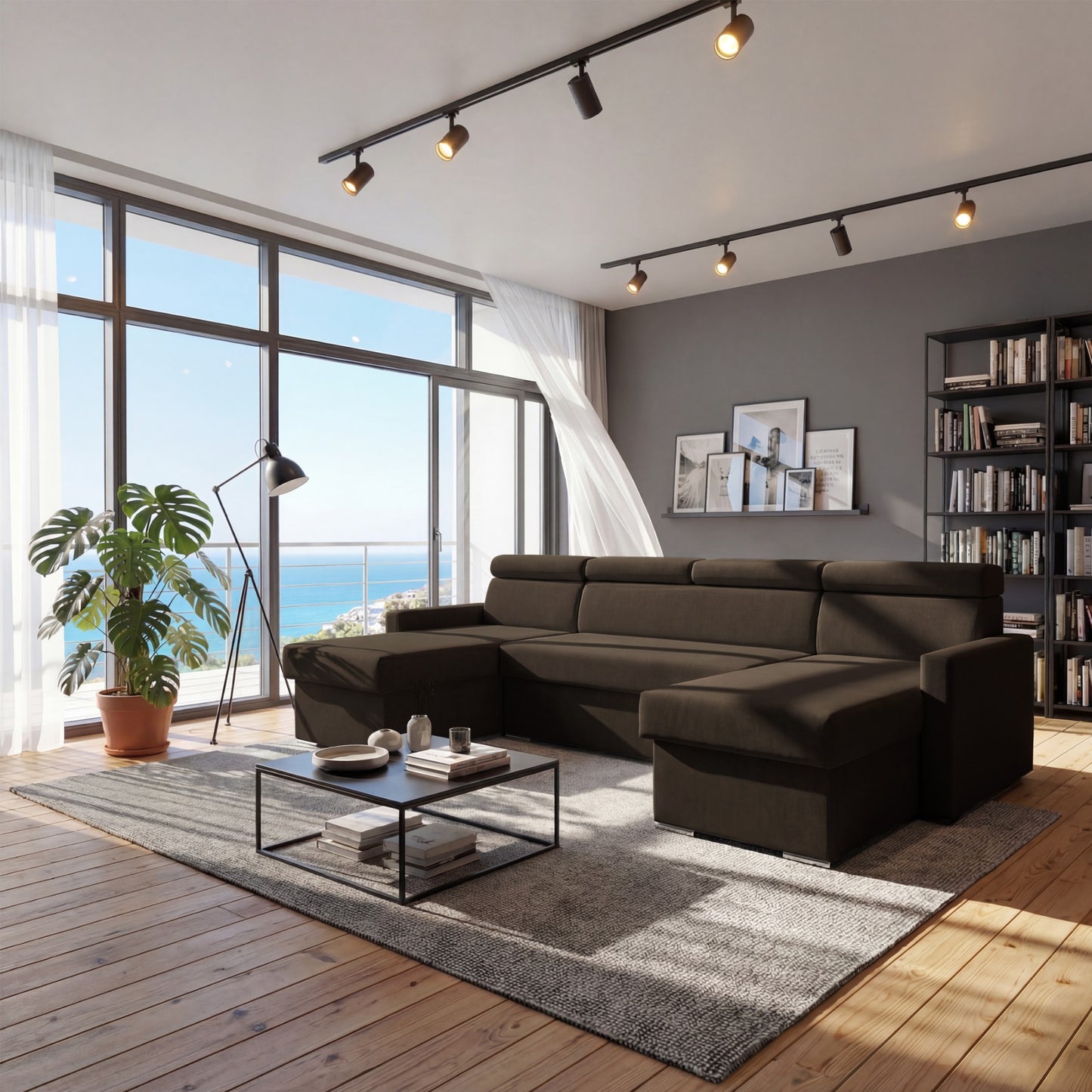Vega U-Sofa nach Maß | Breite anpassbar | Schlaffunktion 2 Bettkästen U-Form verstellbare Kopfstützen Samtstoff Best 305x151 cm (Bronze)