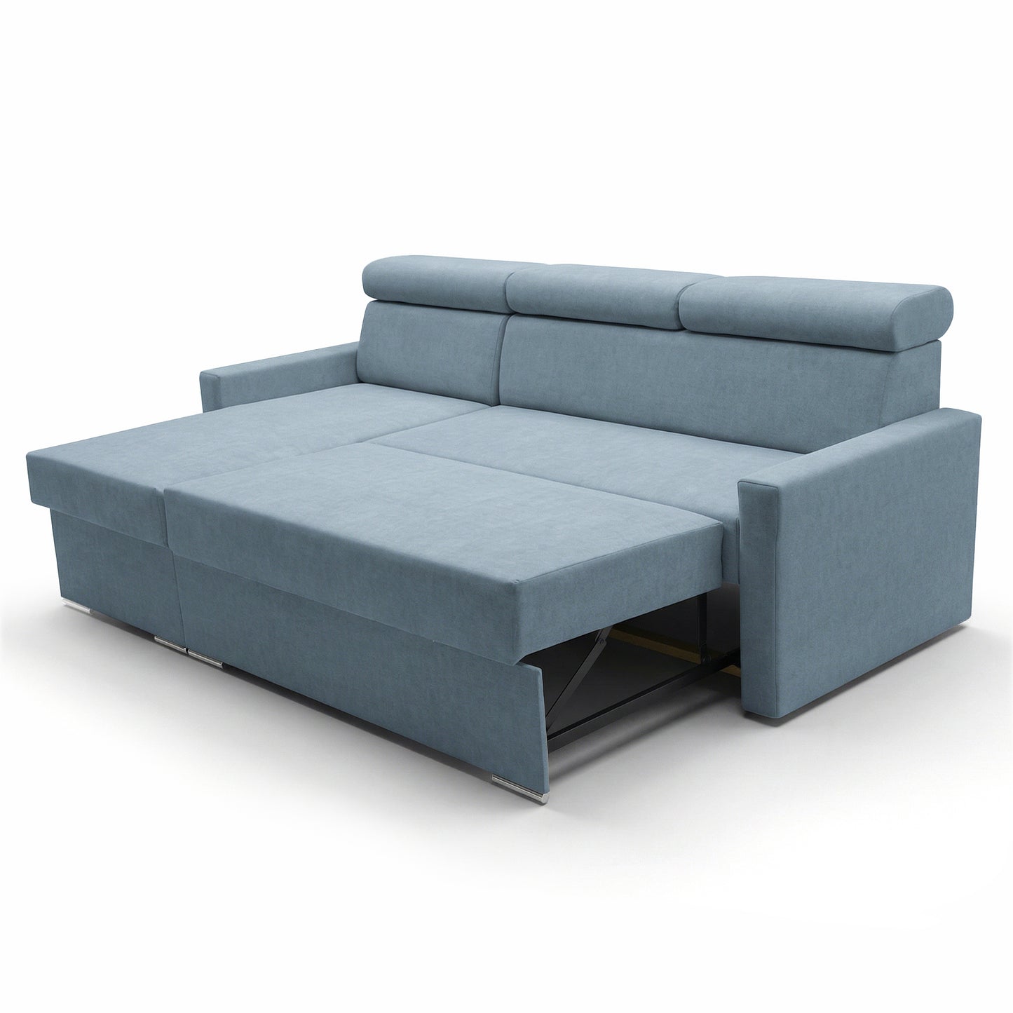 Ecksofa Vega L mit Schlaffunktion & Bettkasten – Samtstoff Best Himmelblau – Zero-Wall Design Wandbündig – L-Form Sofa Freistehend Himmelblau
