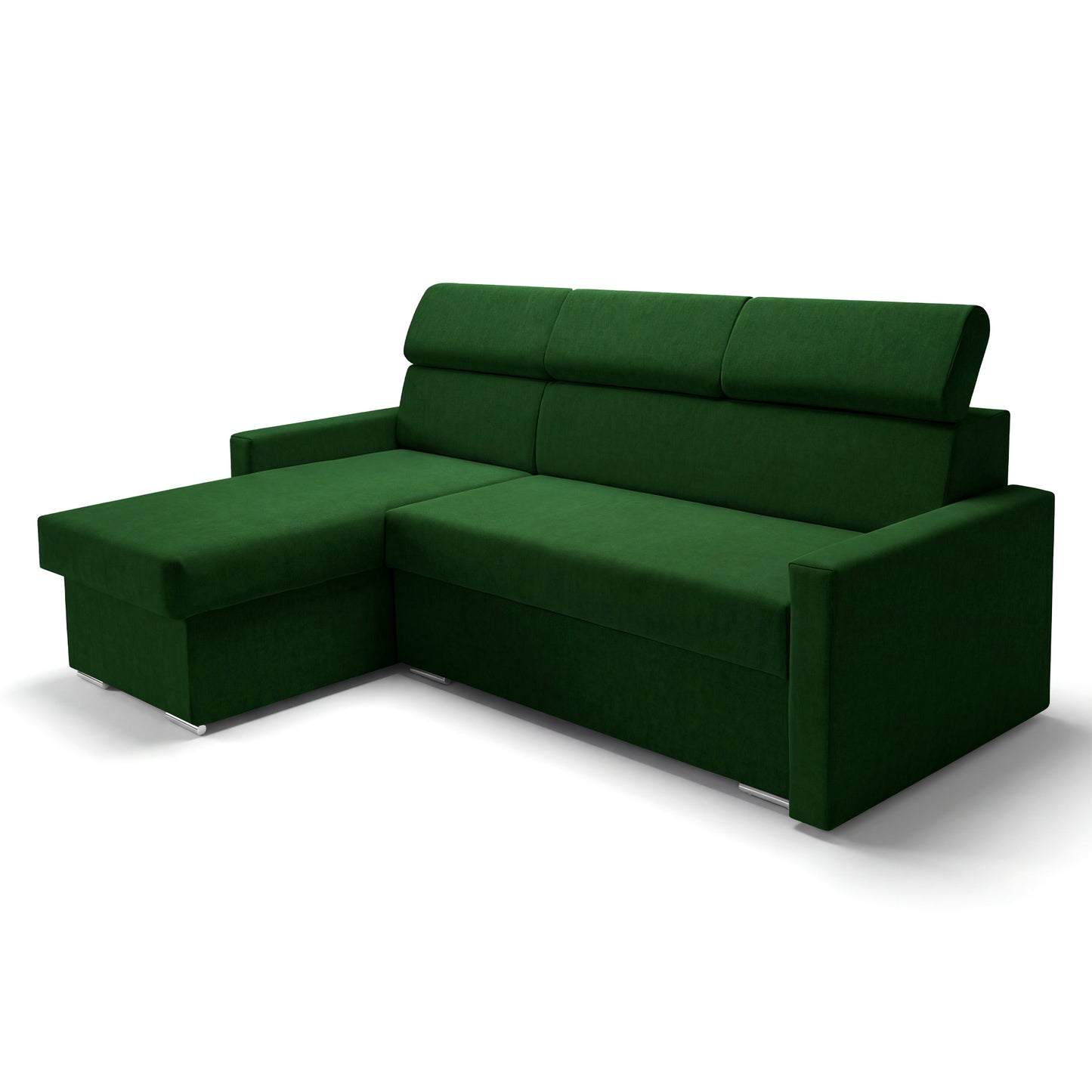 Ecksofa Vega L mit Schlaffunktion & Bettkasten – Samtstoff Best Flaschengrün – Zero-Wall Design Wandbündig – L-Form Sofa Freistehend Flaschengrün