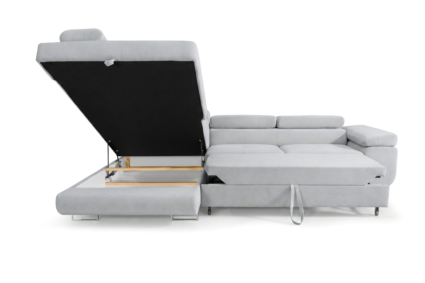 Ecksofa Luca L-Form Hellgrau Stoff Element 24 Linke Ottomane mit Schlaffunktion & Bettkasten
