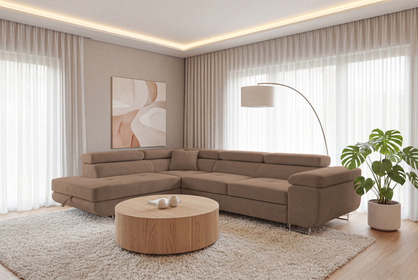 Ecksofa Luca L-Form Braun Stoff Element 05 Linke Ottomane mit Schlaffunktion & Bettkasten