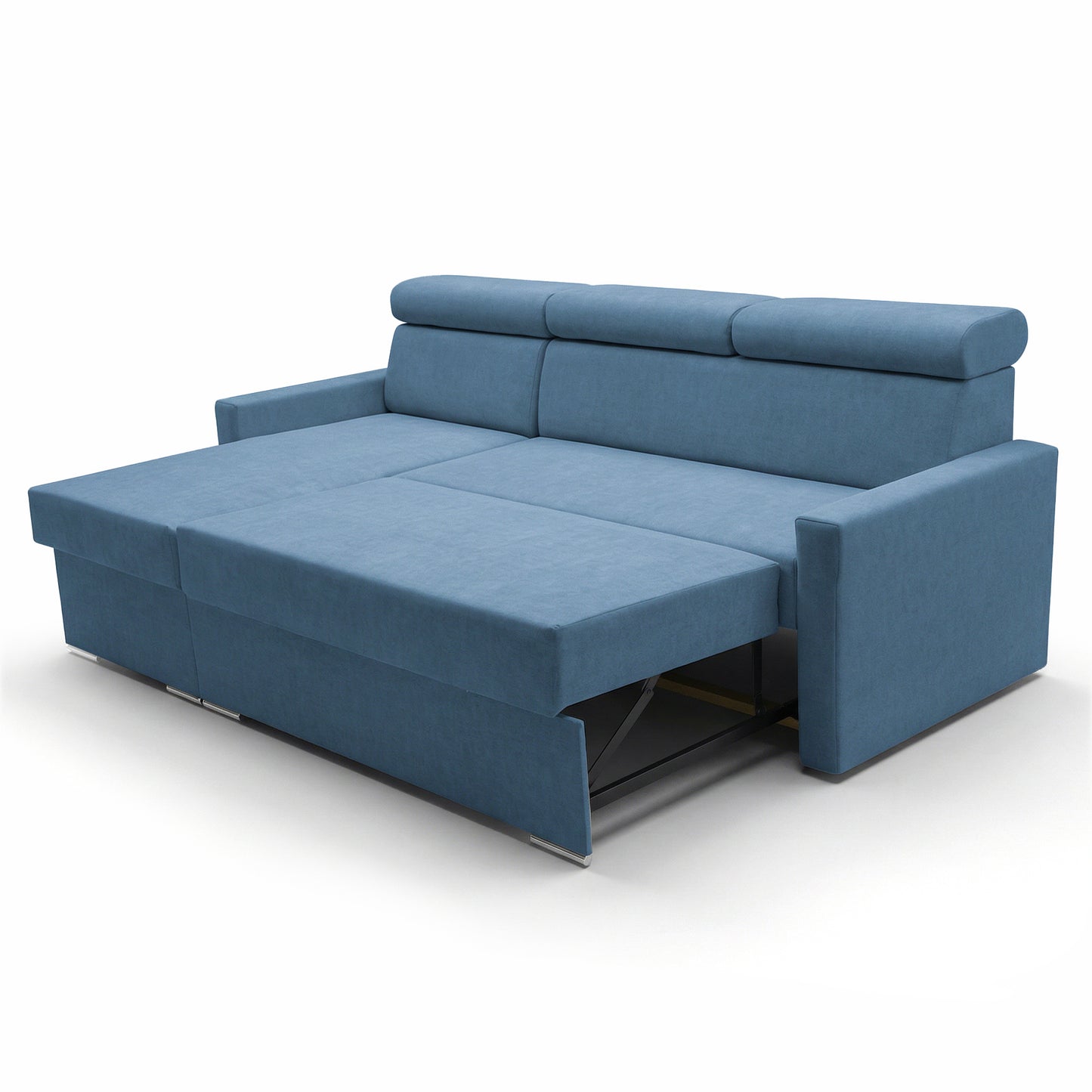 Ecksofa Vega L mit Schlaffunktion & Bettkasten – Samtstoff Best Blau – Zero-Wall Design Wandbündig – L-Form Sofa Freistehend