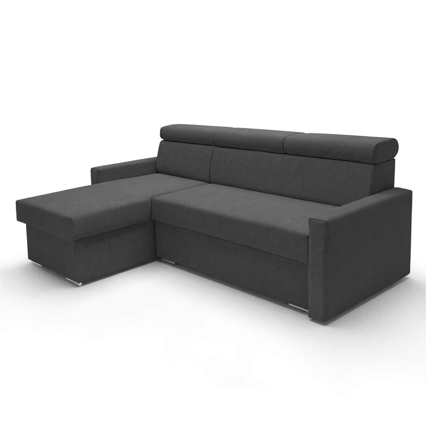 Ecksofa Vega L mit Schlaffunktion & Bettkasten – Samtstoff Best Graphit – Zero-Wall Design Wandbündig – L-Form Sofa Freistehend Graphit