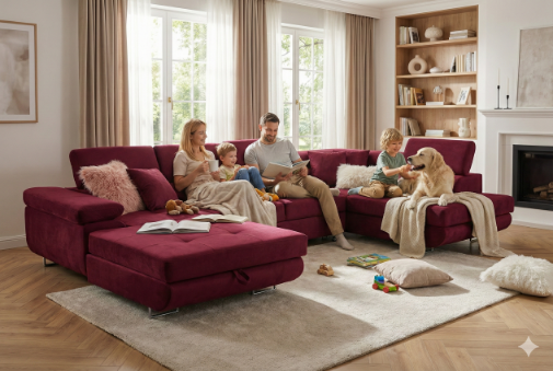 Wohnlandschaft Aller U Monolith XXL-Ecksofa mit Schlaffunktion und zwei Bettkästen in Rot, linke Seite