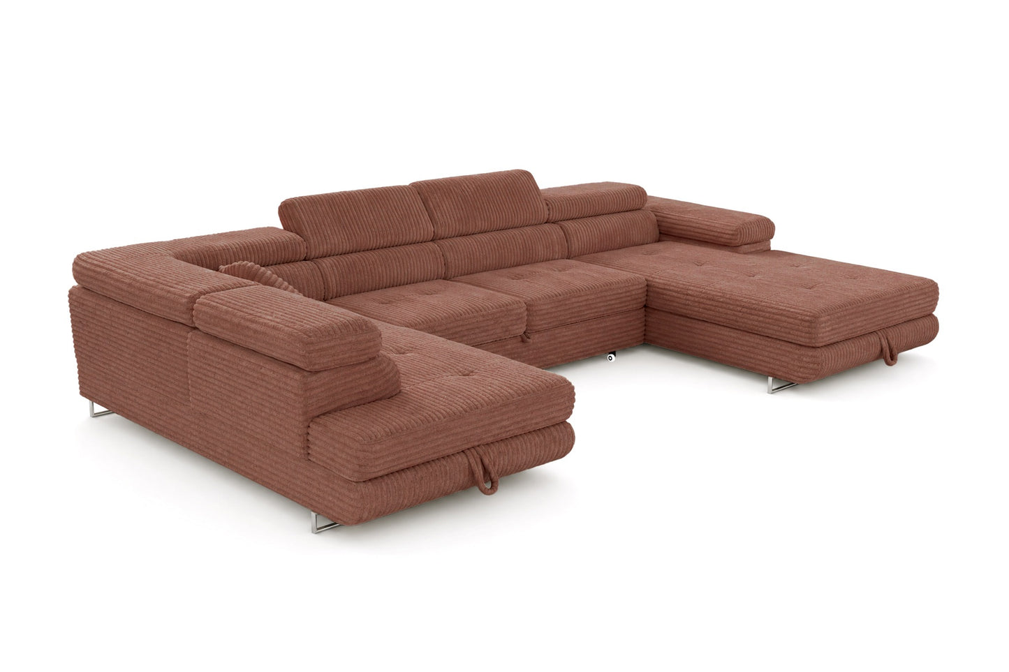 Wohnlandschaft Cordo U XXL U-förmiges Sofa mit Schlaffunktion & 2 Bettkästen – Breitcord Tilia Terrakotta – Ottomane Links
