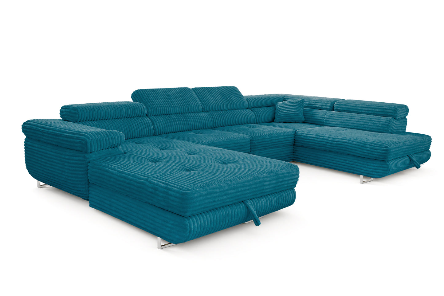 Wohnlandschaft Cordo U XXL U-Form Sofa mit Schlaffunktion & 2 Bettkästen – Breitcord Tilia Türkis – Ottomane Rechts