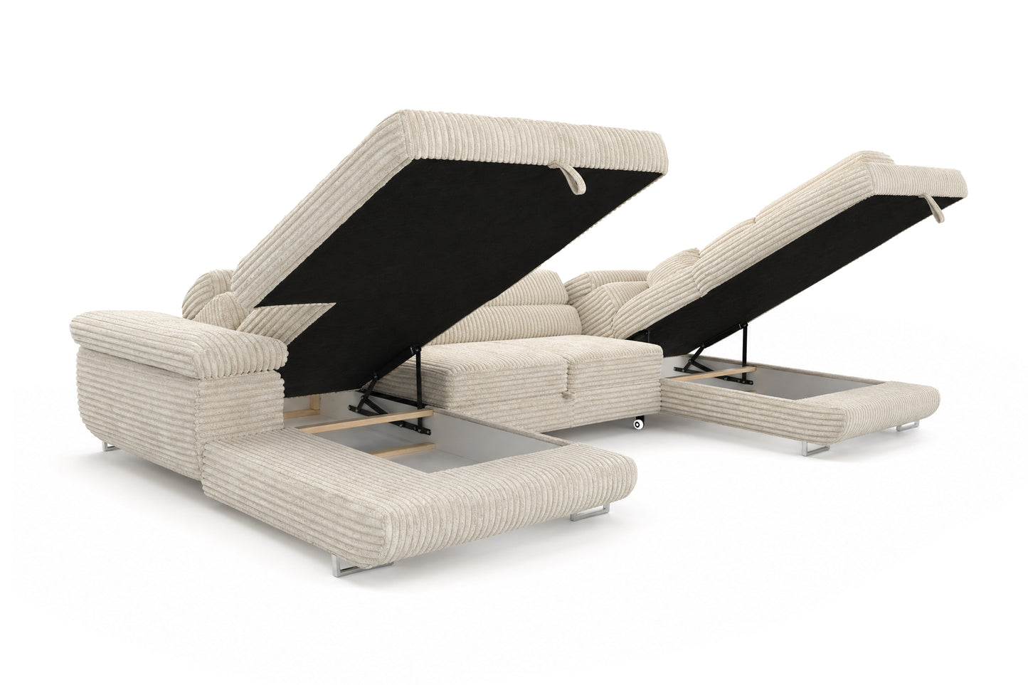 Wohnlandschaft Cordo U XXL U-Form Sofa mit Schlaffunktion & 2 Bettkästen – Breitcord Tilia Creme – Ottomane Rechts