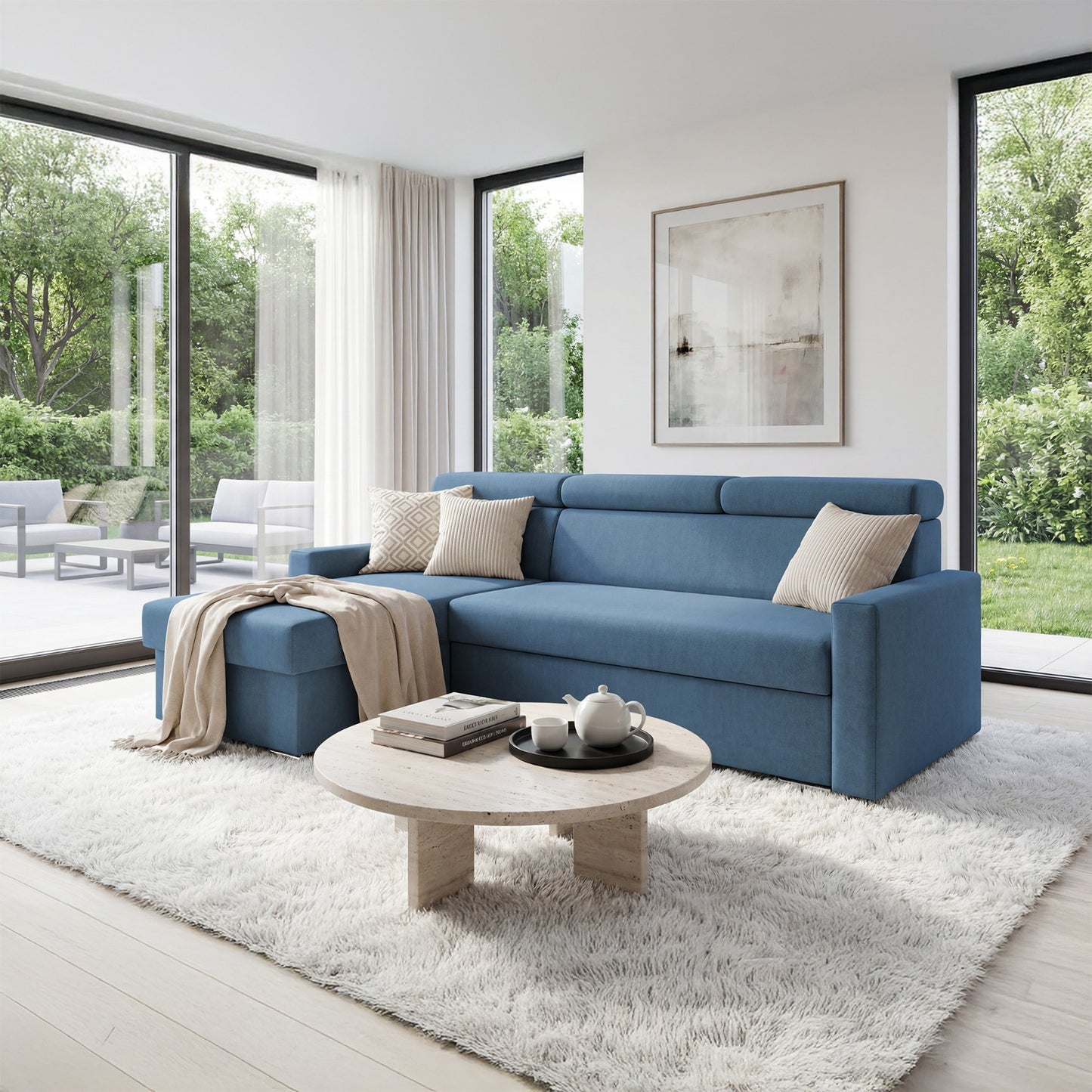 Ecksofa Vega L mit Schlaffunktion & Bettkasten – Samtstoff Best Blau – Zero-Wall Design Wandbündig – L-Form Sofa Freistehend