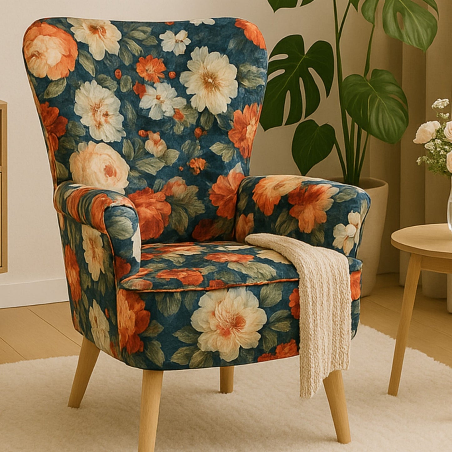 Sofiland Gardens Secrets Ohrensessel Blumenmuster Jacquard-Stoff - Buche