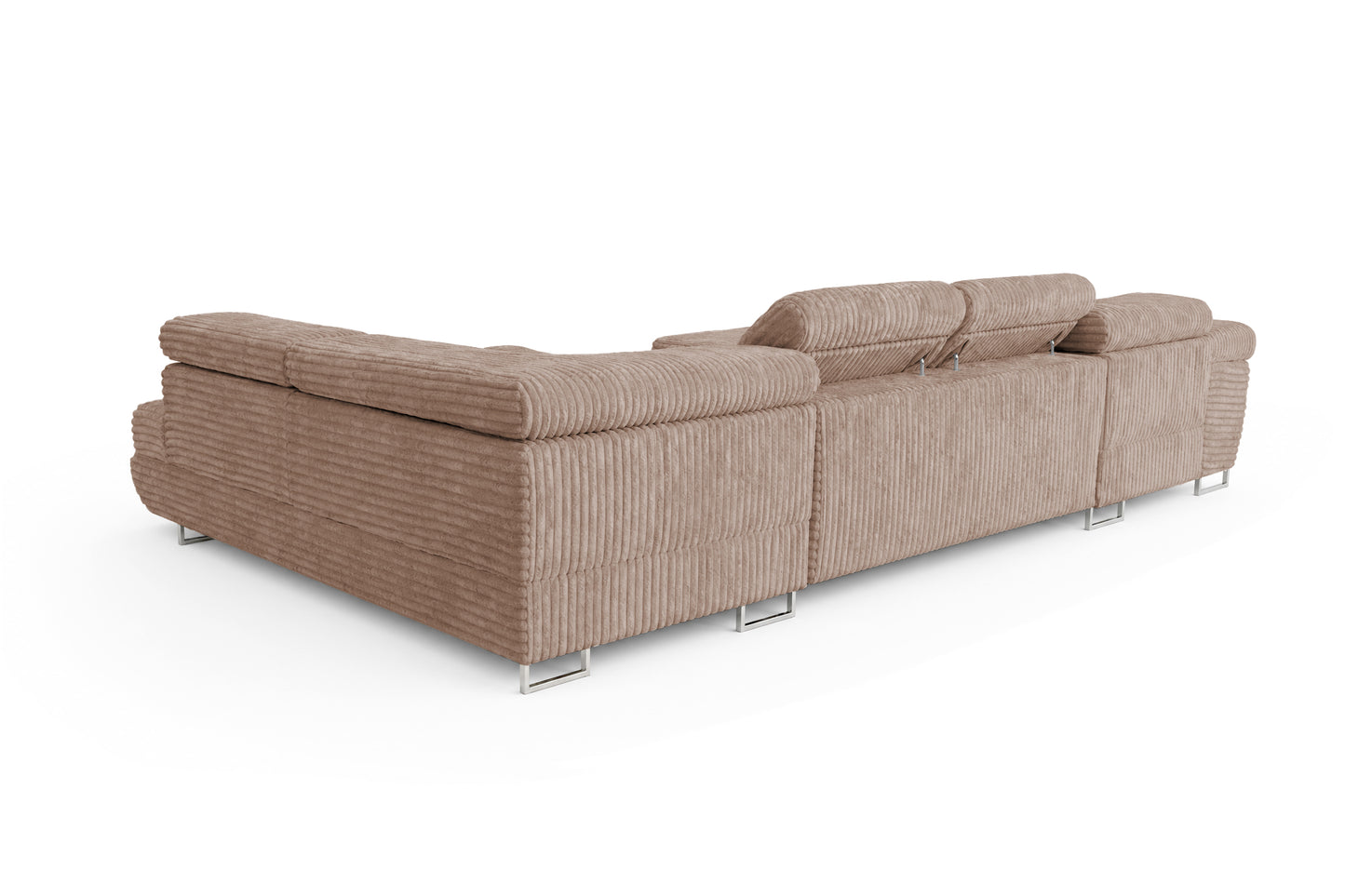 Wohnlandschaft Cordo U XXL U-Form Sofa mit Schlaffunktion & 2 Bettkästen – Breitcord Tilia Beige– Ottomane Rechts