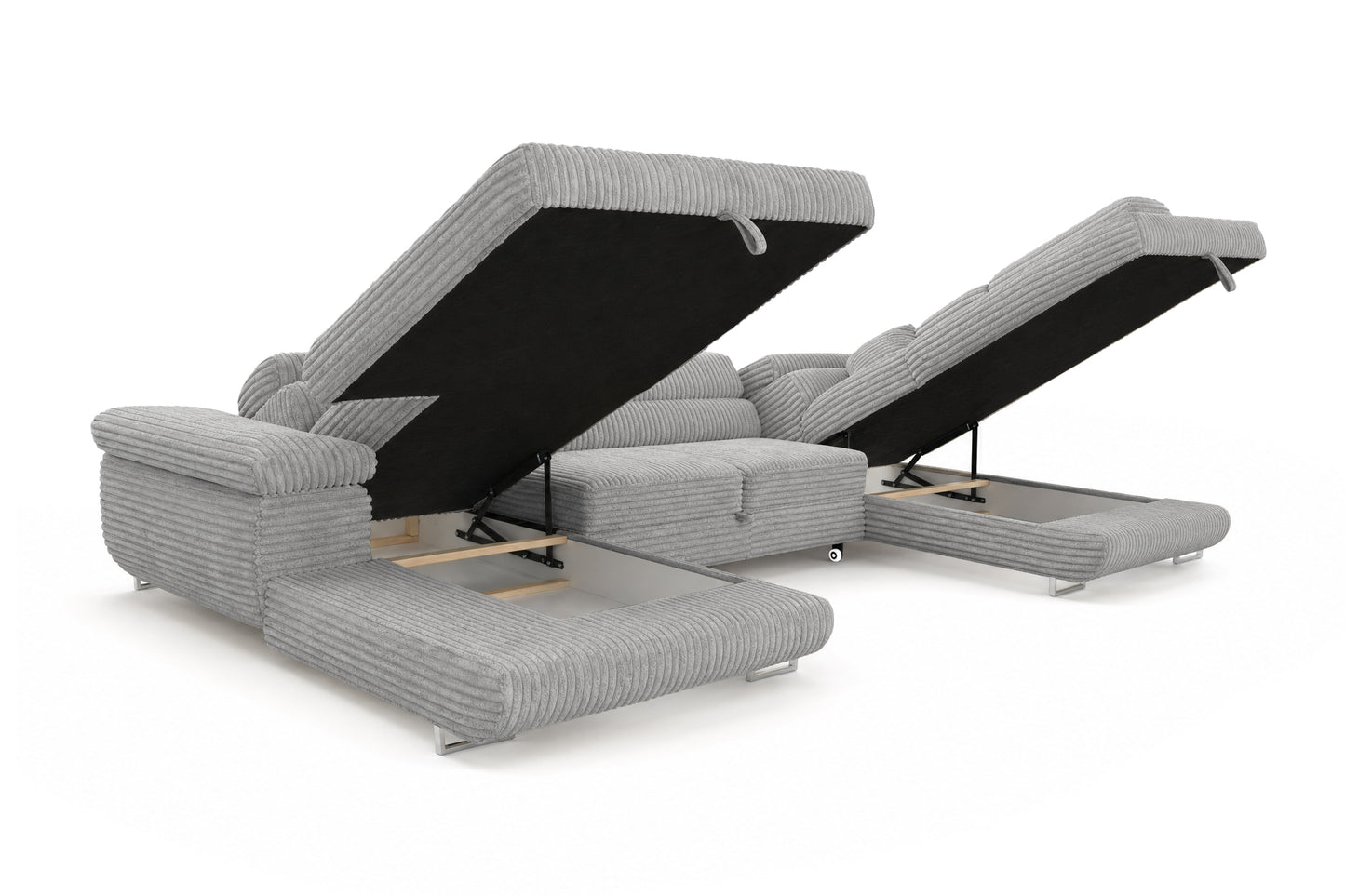 Wohnlandschaft Cordo U XXL U-Form Sofa mit Schlaffunktion & 2 Bettkästen – Breitcord Tilia Hellgrau – Ottomane Rechts