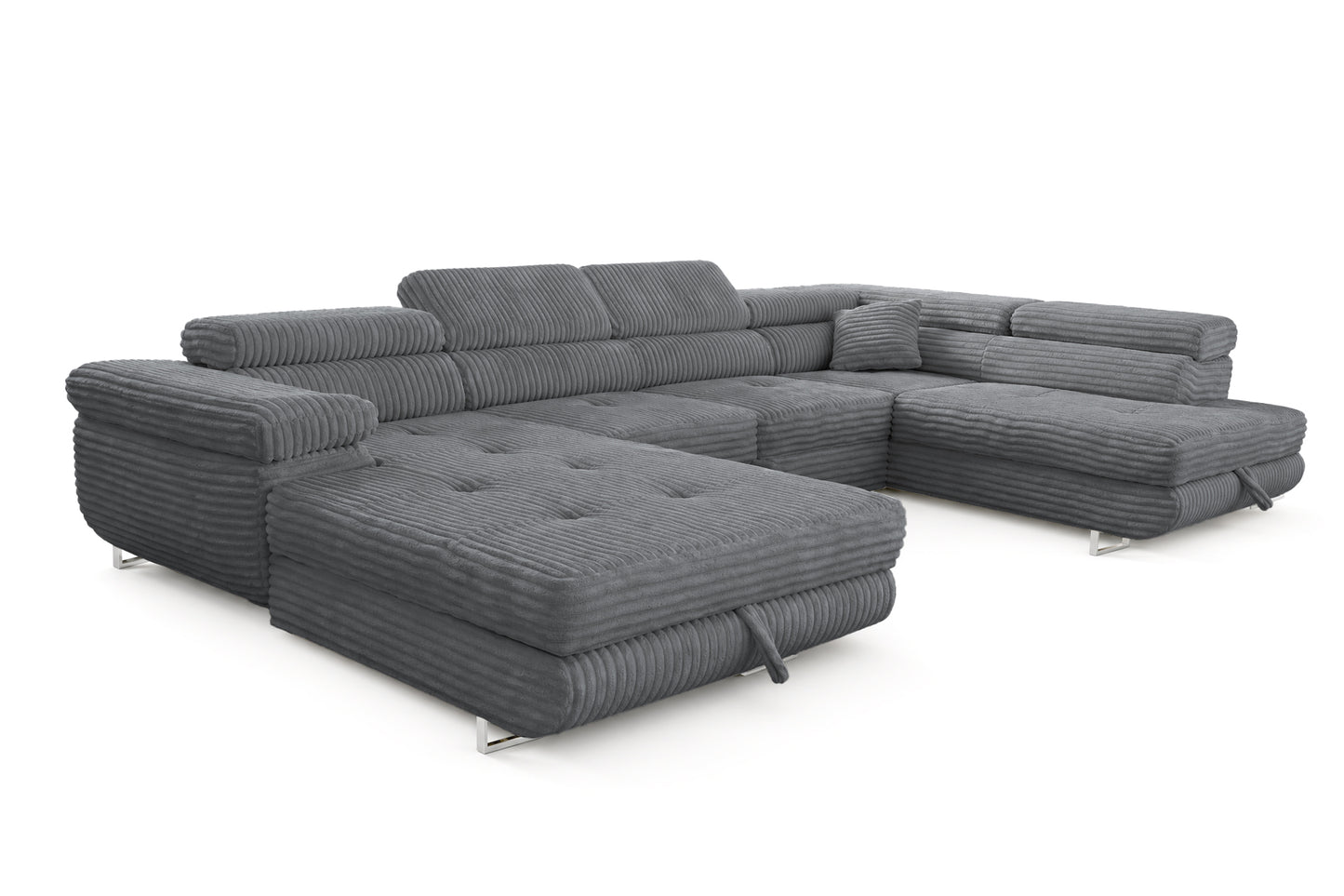 Wohnlandschaft Cordo U XXL U-Form Sofa mit Schlaffunktion & 2 Bettkästen – Breitcord Tilia Grau – Ottomane Rechts