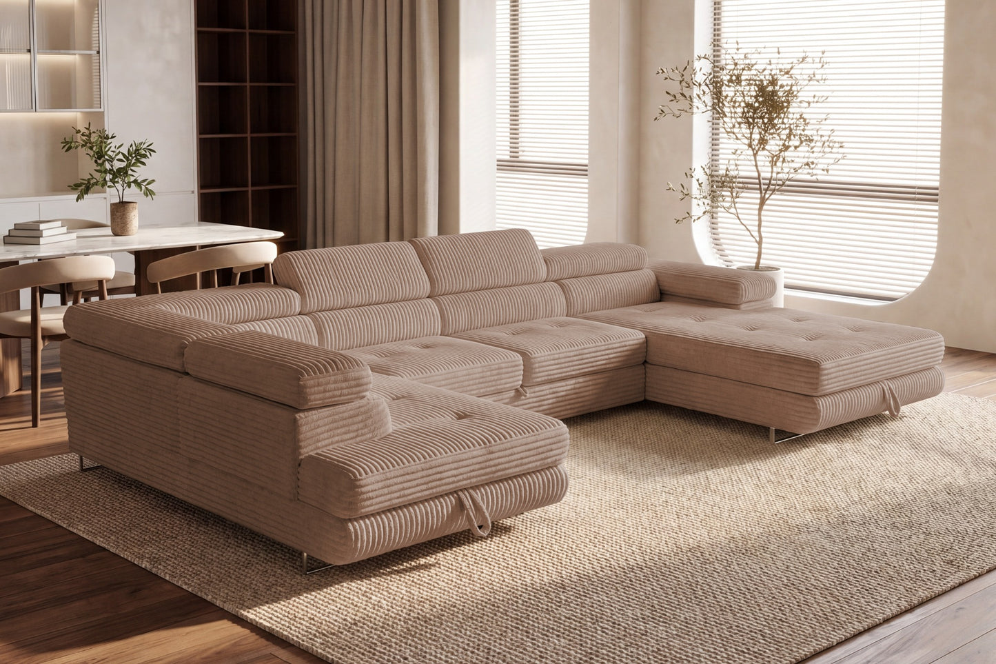 Wohnlandschaft Cordo U XXL U-Form Sofa mit Schlaffunktion & 2 Bettkästen – Breitcord Tilia Beige – Ottomane Links