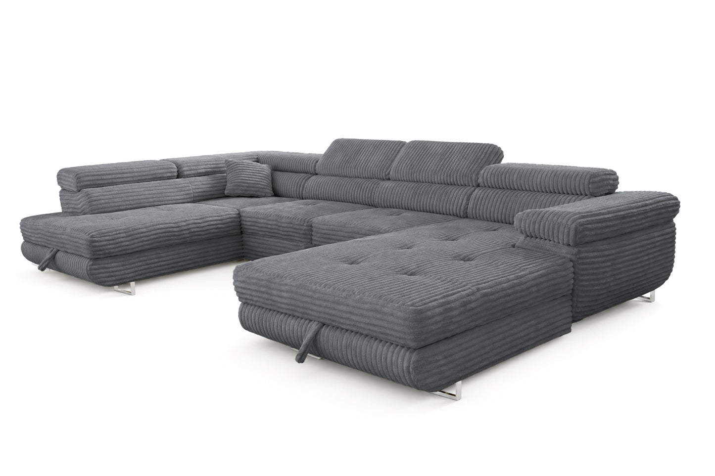 Wohnlandschaft Cordo U XXL U-Form Sofa mit Schlaffunktion & 2 Bettkästen – Breitcord Tilia Grau– Ottomane Links