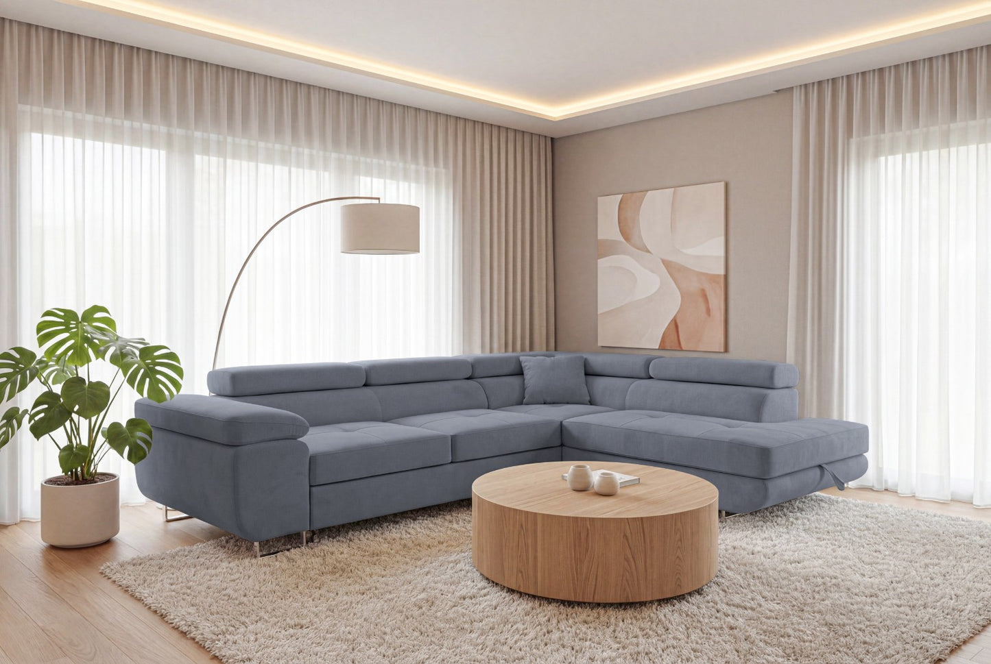 Ecksofa Luca L-Form Grau Stoff Element 23 rechte Ottomane mit Schlaffunktion & Bettkasten