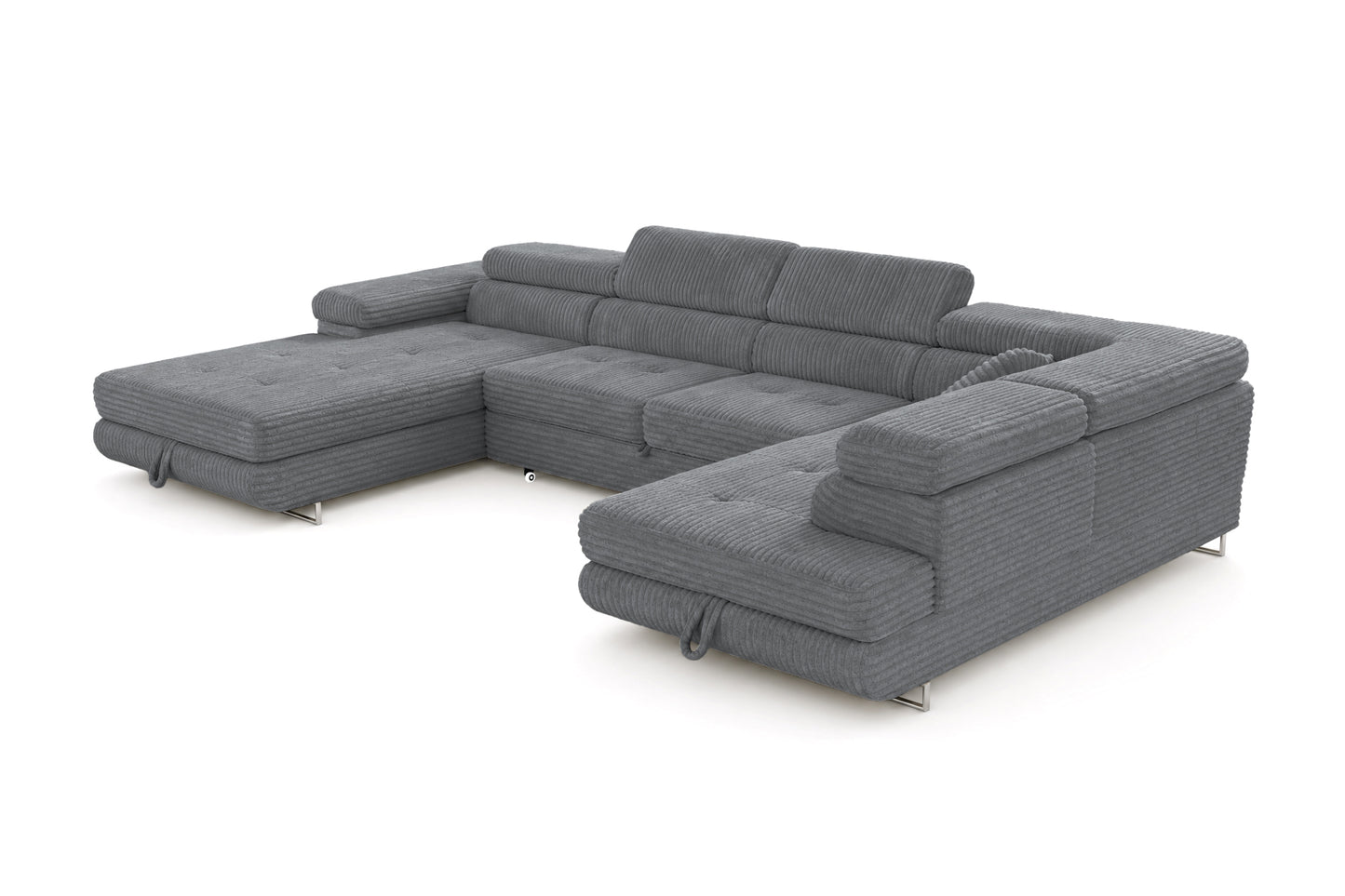 Wohnlandschaft Cordo U XXL U-Form Sofa mit Schlaffunktion & 2 Bettkästen – Breitcord Tilia Grau – Ottomane Rechts