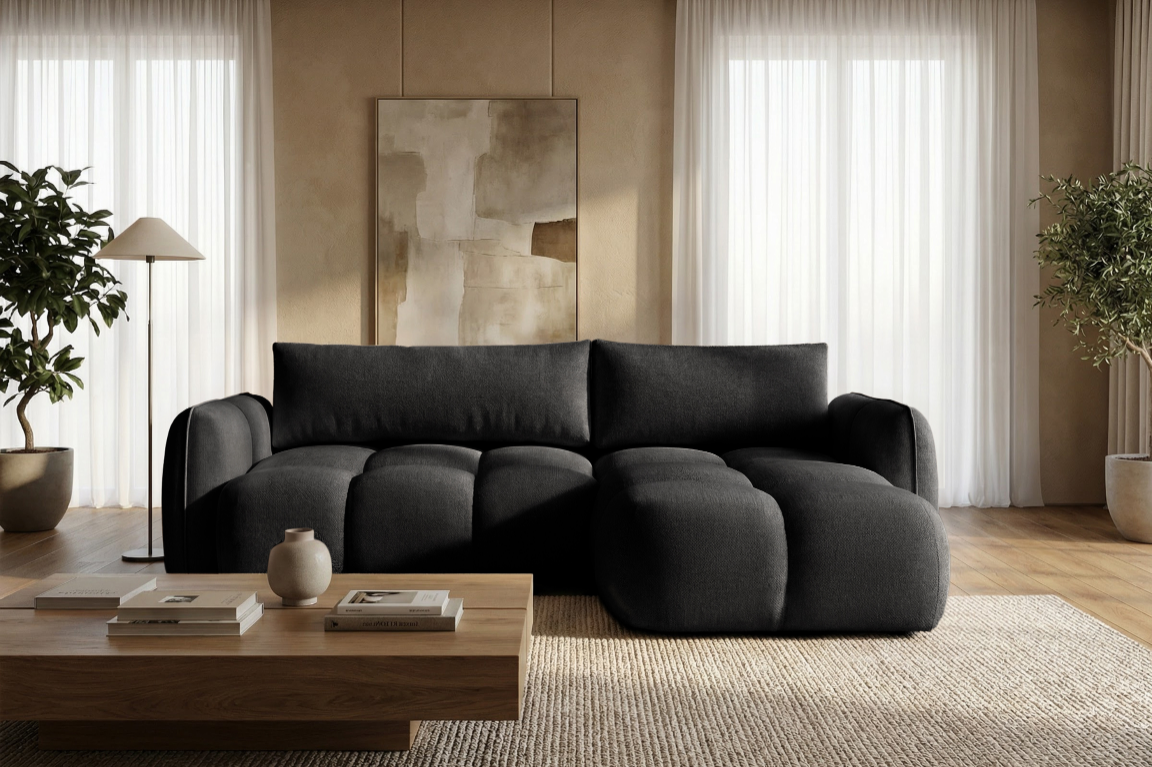 Ecksofa BELVEO mit Schlaffunktion und Bettkasten L-Form Ausrichtung Rechts Stoff Bluvel 19 Schwarz