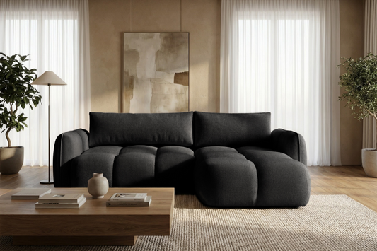 Ecksofa BELVEO mit Schlaffunktion und Bettkasten L-Form Ausrichtung Rechts Stoff Bluvel 19 Schwarz