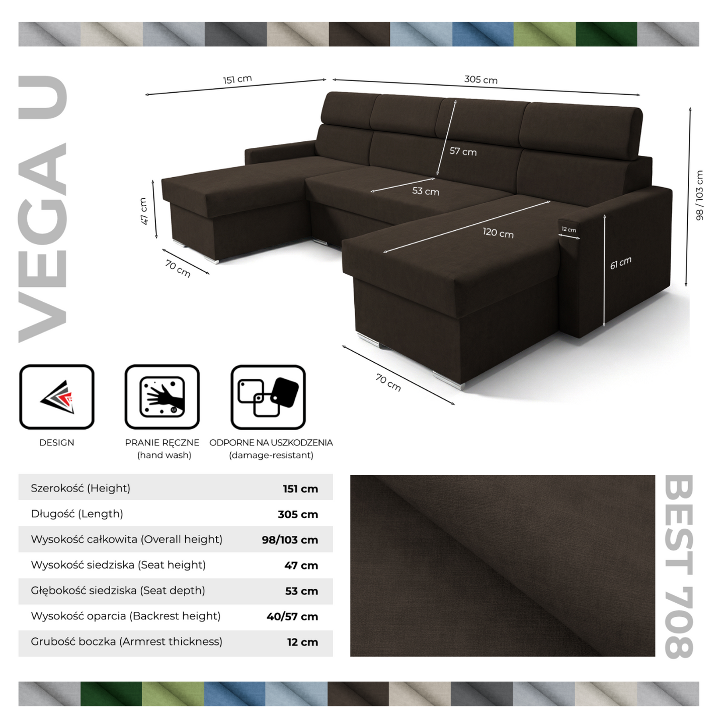 Vega U-Sofa nach Maß | Breite anpassbar | Schlaffunktion 2 Bettkästen U-Form verstellbare Kopfstützen Samtstoff Best 305x151 cm (Bronze)