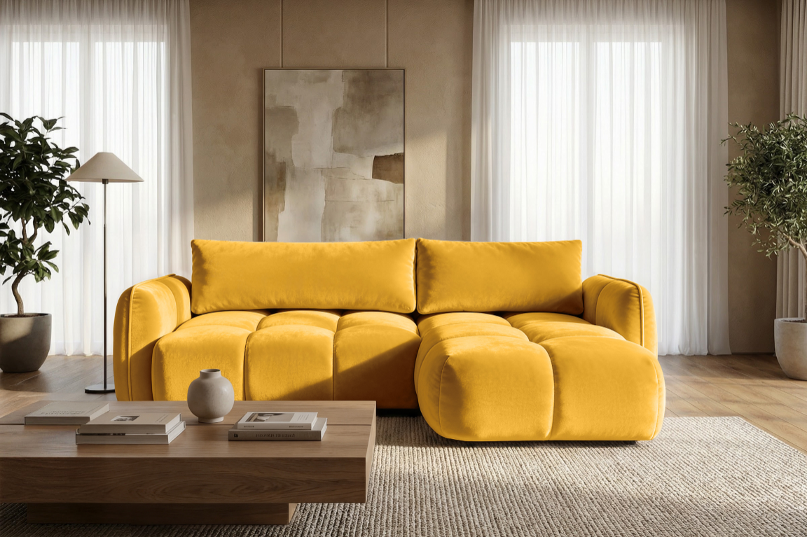 Ecksofa BELVEO mit Schlaffunktion und Bettkasten L-Form Ausrichtung Rechts Stoff Bluvel 68 Gelb