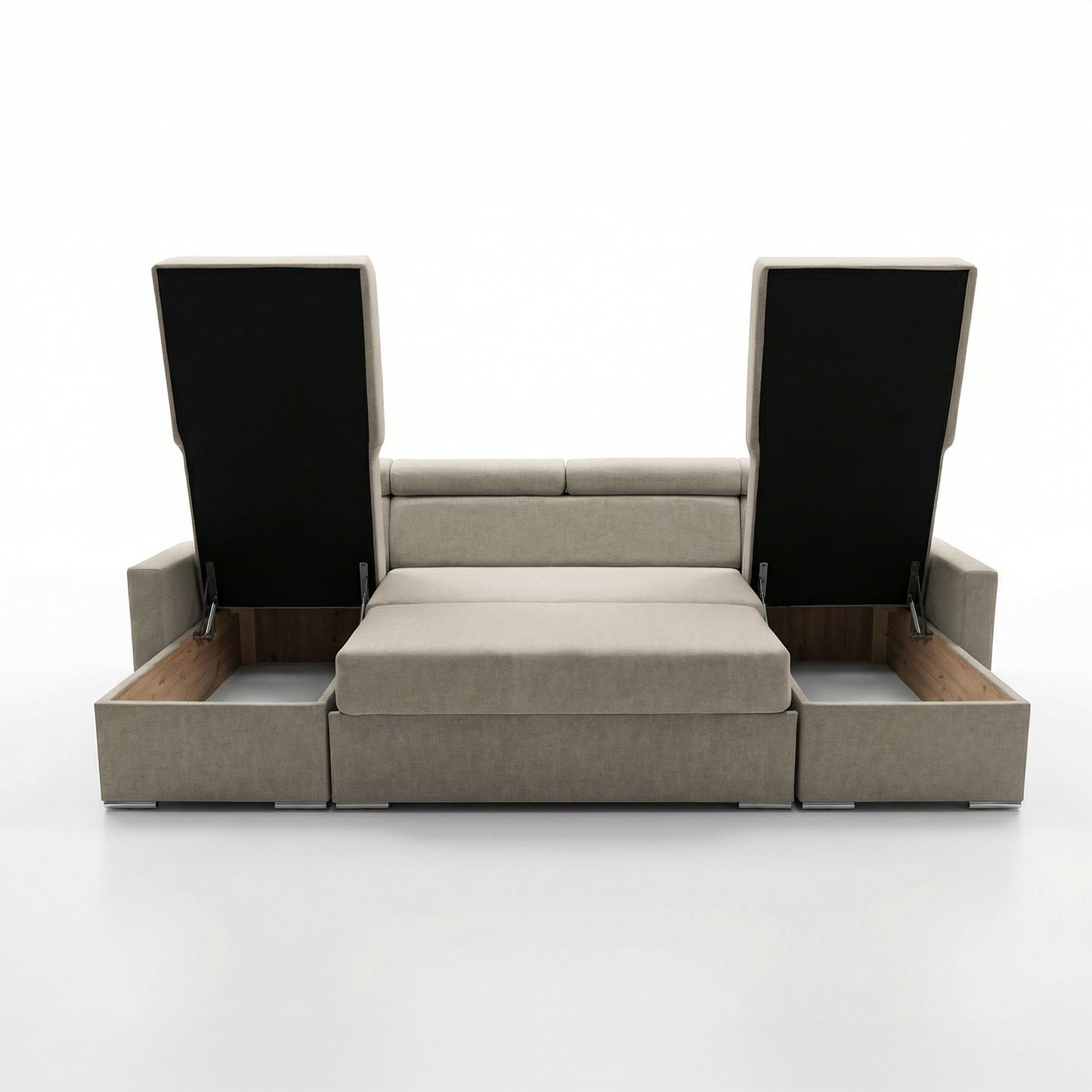 Vega U Wohnlandschaft mit Schlaffunktion und 2 Bettkästen Ecksofa in U-Form Verstellbare Kopfstützen Samtstoff Best 305x151 cm (Beige)