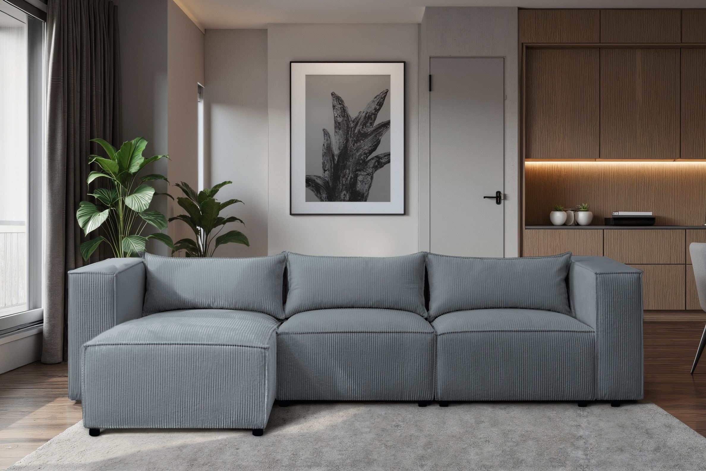 Ecksofa MODULO 290x185 cm Modulsofa Lincoln 85 Grau-Blau – Modernes Design mit weichem Breitcord-Stoff