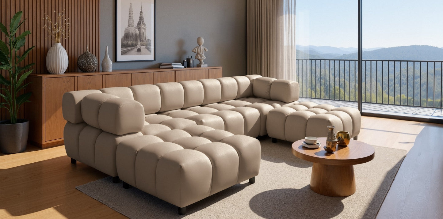 Exklusive Wohnlandschaft Tondo U 192x288 cm – Designersofa Samt Bluvel 28 Dunkelbeige – Modernes Bubble-Design & HR-Schaum Komfort