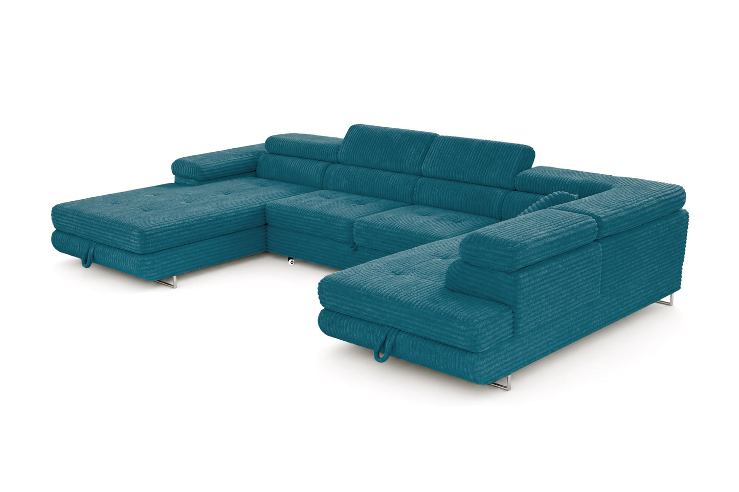 Wohnlandschaft Cordo U XXL U-Form Sofa mit Schlaffunktion & 2 Bettkästen – Breitcord Tilia Türkis – Ottomane Rechts